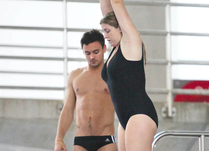 Penny Mordaunt practices her dives with Tom Daley during her appearance on Splash. (PA/ITV)