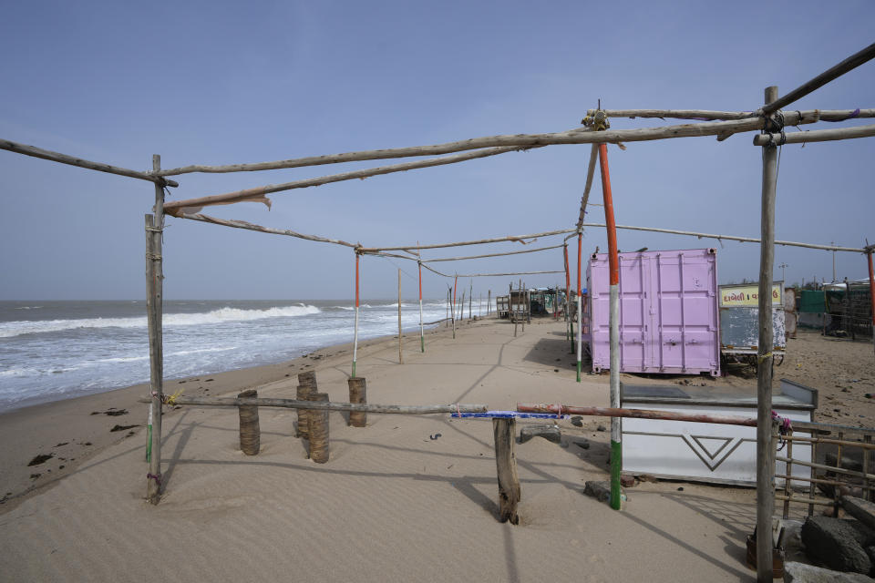 A deserted beach on the Arabia Sea coast at Mandvi in Kutch district of Gujarat state, India, Wednesday, June 14, 2023. With Cyclone Biparjoy expected to make landfall Thursday evening, coastal regions of India and Pakistan are on high alert. (AP Photo/Ajit Solanki)