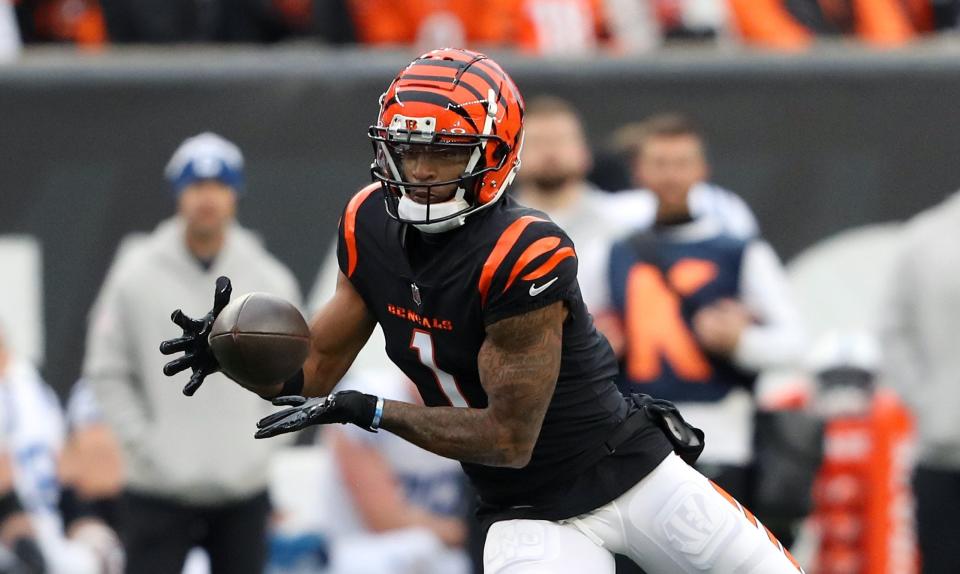 Dec 10, 2023; Cincinnati, Ohio, USA; Cincinnati Bengals wide receiver Ja'Marr Chase (1) catches a pass mover the middle during the first quarter against the Indianapolis Colts at Paycor Stadium. Mandatory Credit: Joseph Maiorana-USA TODAY Sports