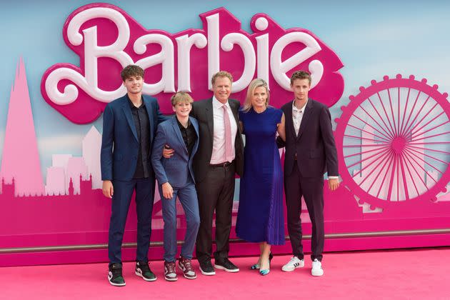 Will Ferrell, Viveca Paulin and their three sons, Mattias, Axel and Magnus, at the “Barbie” premiere in London, England, on July 12, 2023.