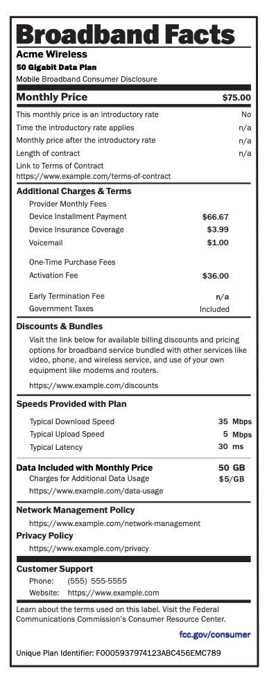 This is a sample nutrition label meant to show what you’ll see when shopping for internet plans. - Image: FCC