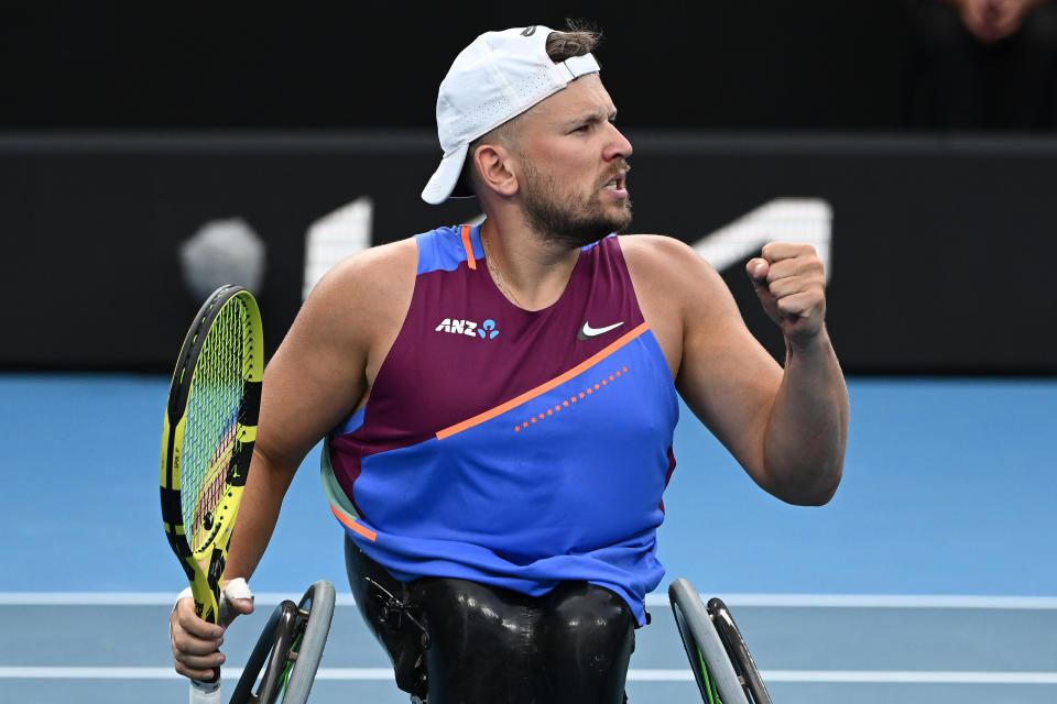 Dylan Alcott, pictured here in action against Niels Vink at the Australian Open.