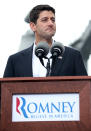 Republican vice presidential candidate, U.S. Rep. Paul Ryan (R-WI) speaks during a campaign rally in front of the USS Wisconsin August 11, 2012 in Norfolk, Virginia. Republican presidential candidate Mitt Romney announced Paul Ryan, a seven term congressman, as his presidential running mate. Ryan is the Chairman of the House Budget Committee and provides a strong contrast to the Obama administration on fiscal policy. (Photo by Justin Sullivan/Getty Images)