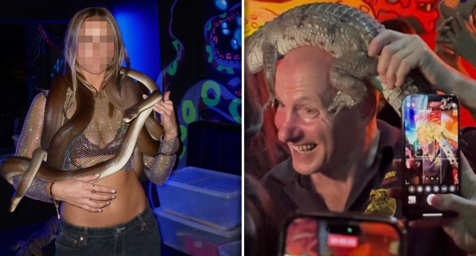 Left: A woman holding a snake in Two Wongs. Right: Raymond with a crocodile on his head.