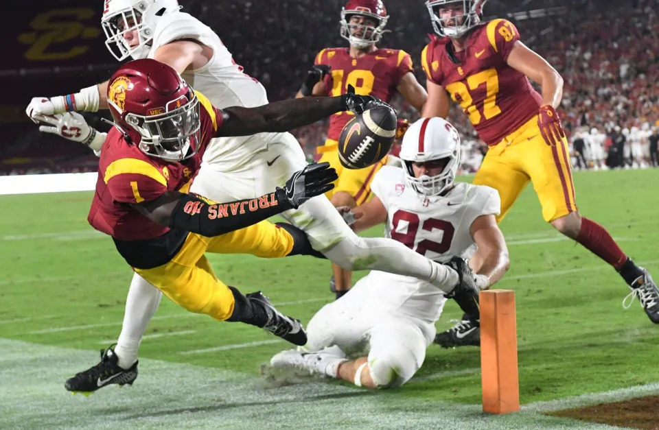 USC wide receiver receiver Zachariah Branch dives for the end zone against Stanford on Sept. 9.