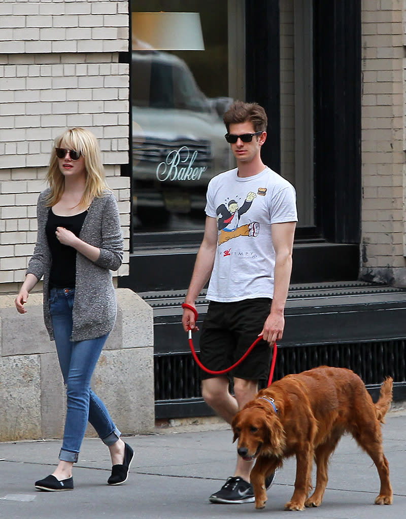 Andrew Garfield and Emma Stone walk their pet dog Ren in NYC