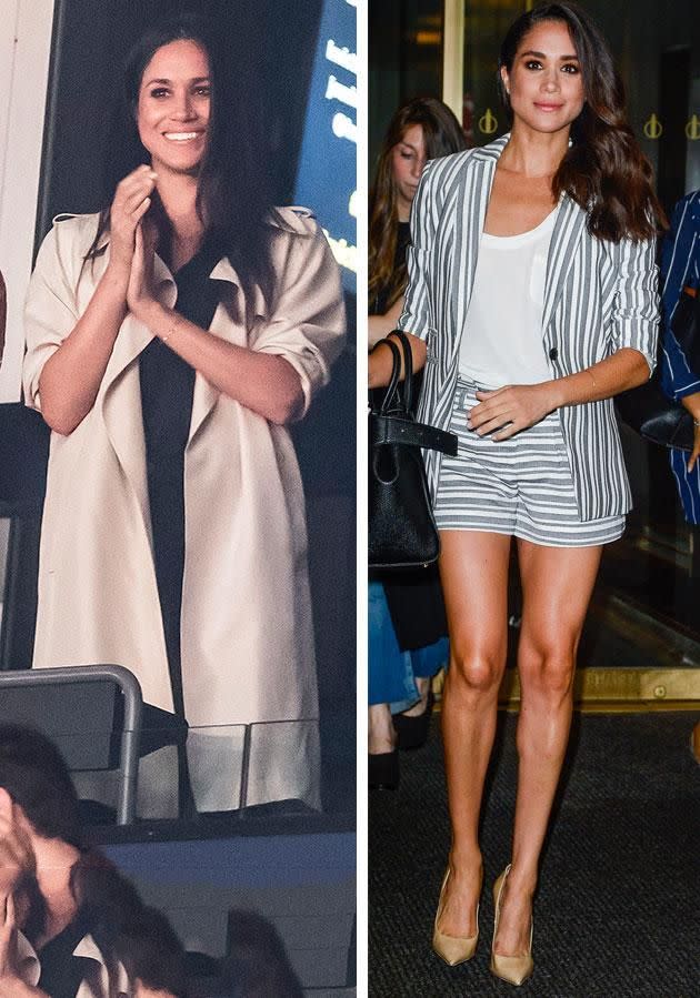 Meghan used to flash her legs in short shorts (right), but now dresses more demurely (left, at the Invictus Games). Photo: Getty