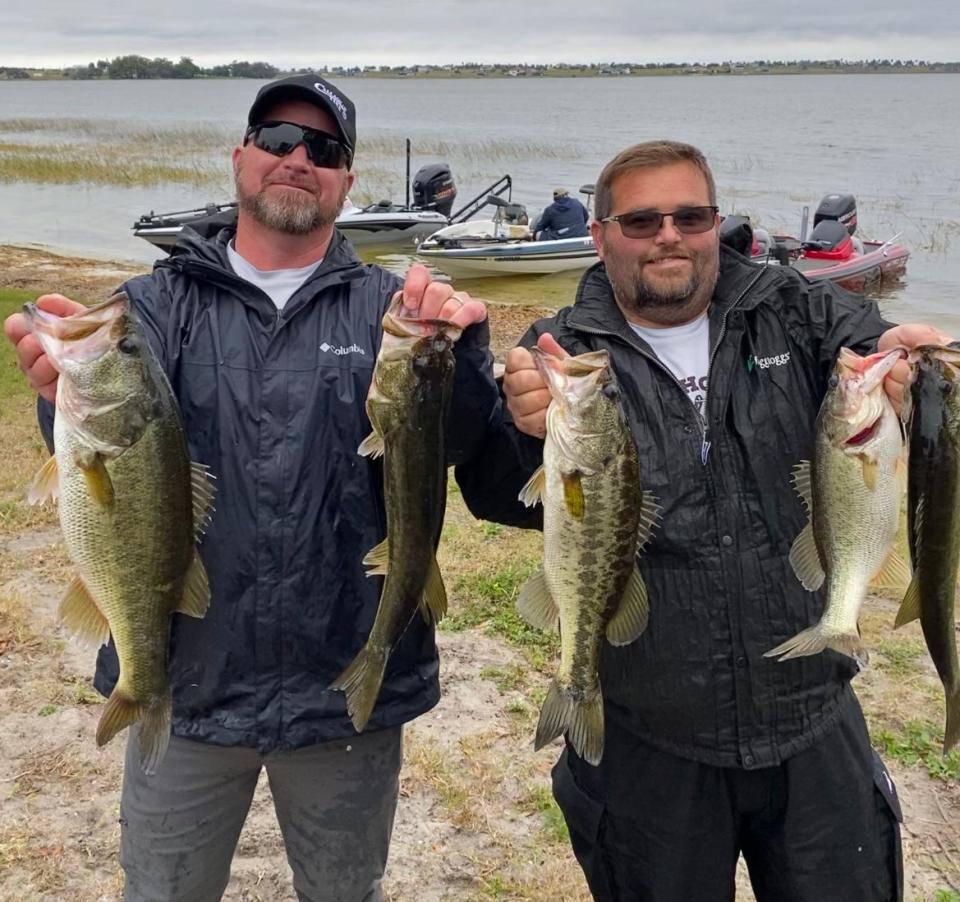 Kevin McSwain, left, and Brandon Robinson had 13 pounds to win the Happy Hookers Bass Club tournament Feb. 6 at Lake Alfred.