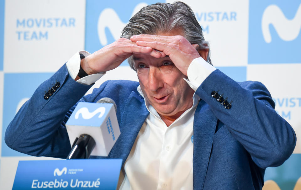 Movistar&#39;s Team Spanish manager Eusebio Unzue is pictured during a press conference ahead of the upcoming 
