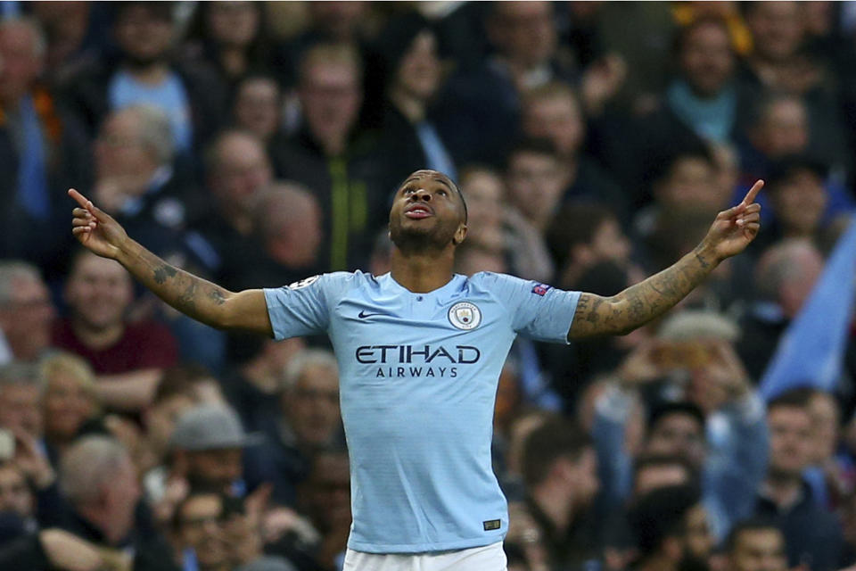 Manchester City's Raheem Sterling celebrates scoring during the Champions League quarterfinal, second leg, soccer match between Manchester City and Tottenham Hotspur at the Etihad Stadium in Manchester, England, Wednesday, April 17, 2019. (AP Photo/Dave Thompson)