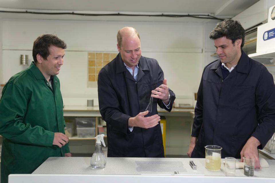 Prince William, Prince of Wales talks to Co-founders Rodrigo Garcia Gonzalez, (right) and Pierre Paslier as he visits the Earthshot Prize winner and sustainable packaging start-up, Notpla (Getty Images)