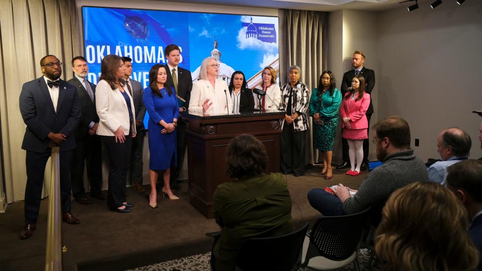 Rep. Trish Ranson speaks Monday during the House Democrats' response to Gov. Kevin Stitt's State of the State address.