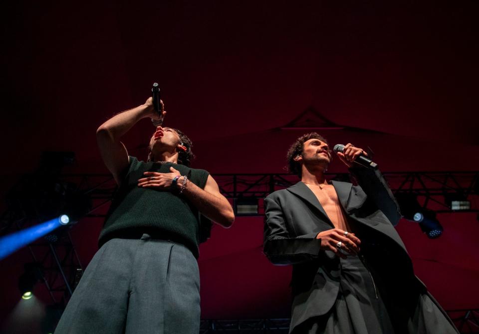 Saint Levant (right) performs with guest Playyard at the Gobi tent during the Coachella Valley Music and Arts Festival in Indio, Calif., Saturday, April 13, 2024.