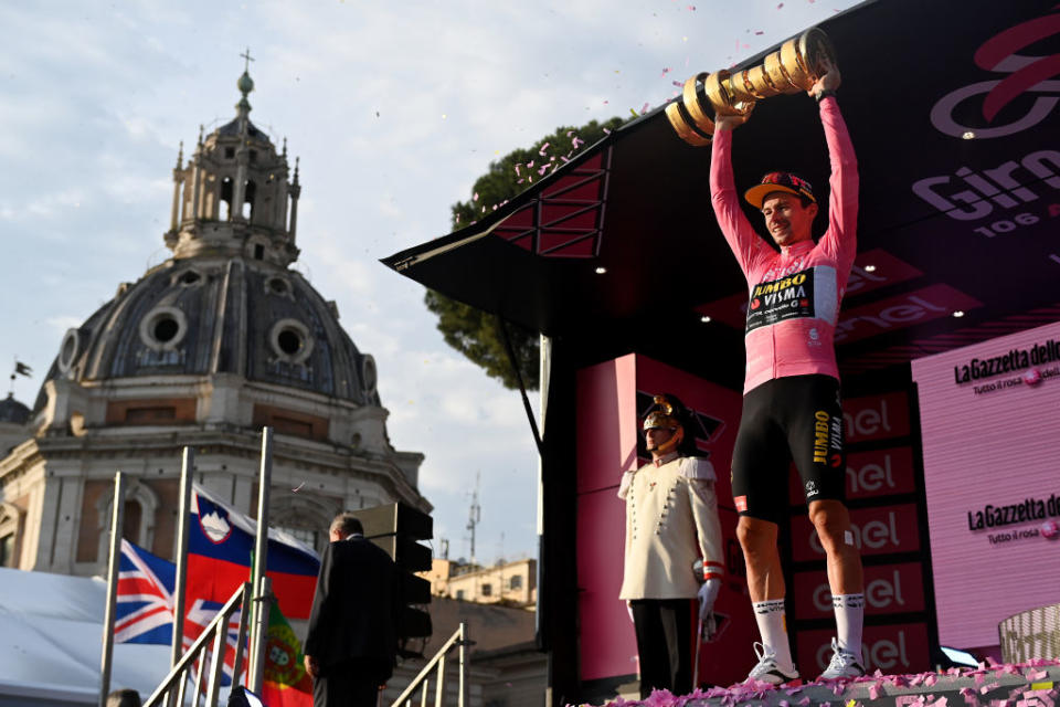 ROME ITALY  MAY 28 Primo Rogli of Slovenia and Team JumboVisma  Pink Leader Jersey celebrates at podium with the Trofeo Senza Fine as final overall race winner during the 106th Giro dItalia 2023 Stage 21 a 126km stage from Rome to Rome  UCIWT  on May 28 2023 in Rome Italy Photo by Tim de WaeleGetty Images