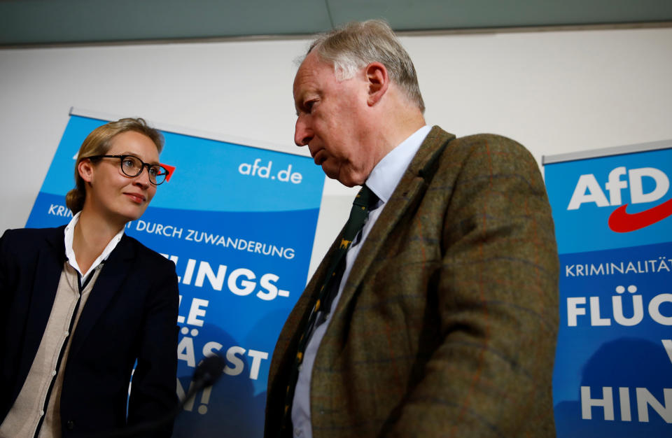 The AfD's two lead candidates, Alice Weidel and Alexander Gauland,&nbsp;attend a news conference in Berlin&nbsp;on Sept. 18, 2017. (Photo: Axel Schmidt / Reuters)