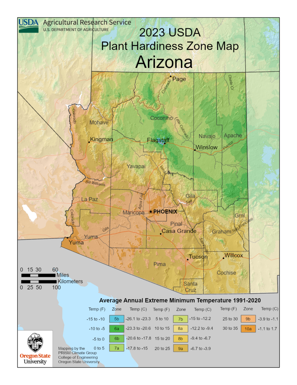 USDA Plant Hardiness Zone Map for Arizona, 2023.