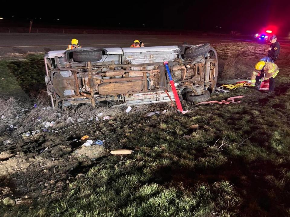 A pickup left Highway 395 about 8 miles north of Pasco about 7:40 p.m. Saturday and rolled.
