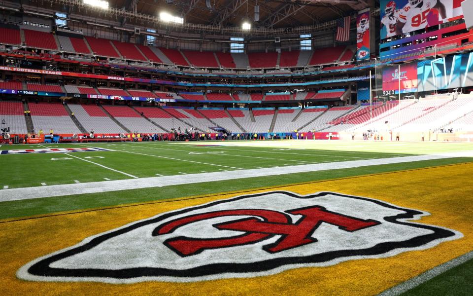 The Kansas City Chiefs logo is painted on the end zone for Super Bowl LVII between the Kansas City Chiefs and the Philadelphia Eagles at State Farm Stadium - Christian Petersen/Getty Images