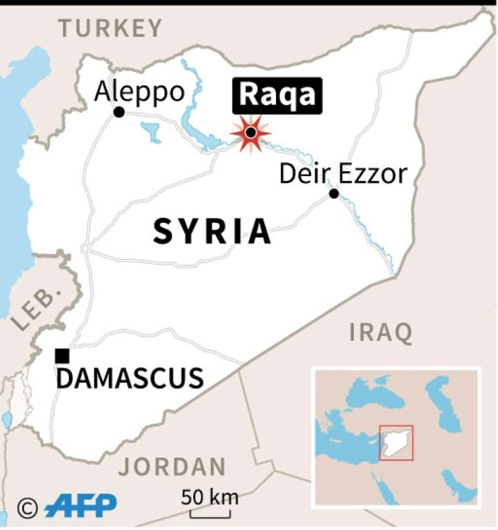 Map of Syria locating US-led coalition strikes on Raqa that have reportedly killed dozens of civilians in recent days