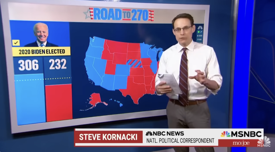 Steve Kornacki, from NBC News, stands in front of the U.S. electoral map showing 2020 results with Biden at 306 and Trump at 232. He holds papers, explaining results