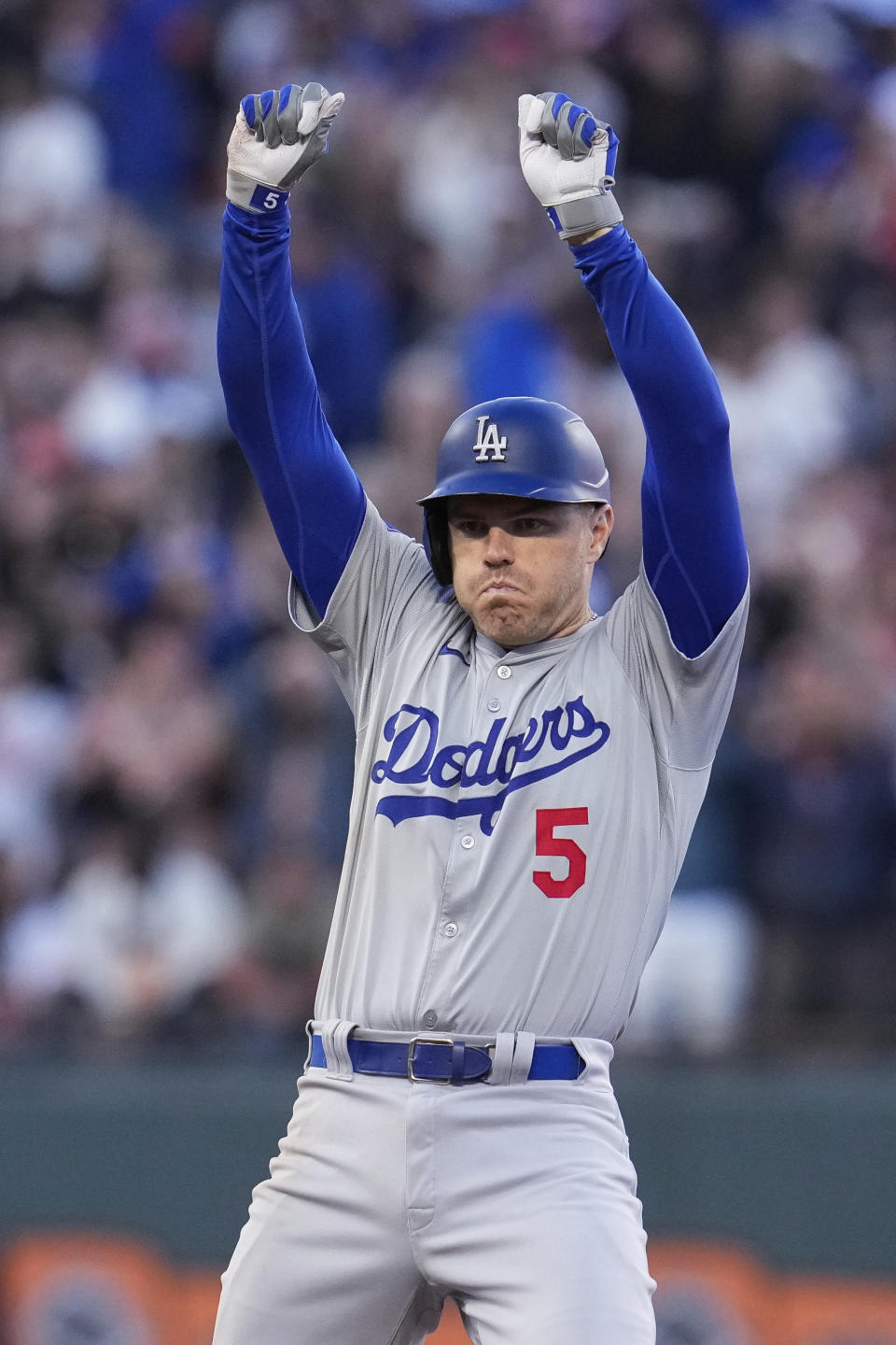 Los Angeles Dodgers' Freddie Freeman celebrates his RBI double against the San Francisco Giants during the 11th inning of a baseball game Saturday, June 29, 2024, in San Francisco. (AP Photo/Godofredo A. Vásquez)