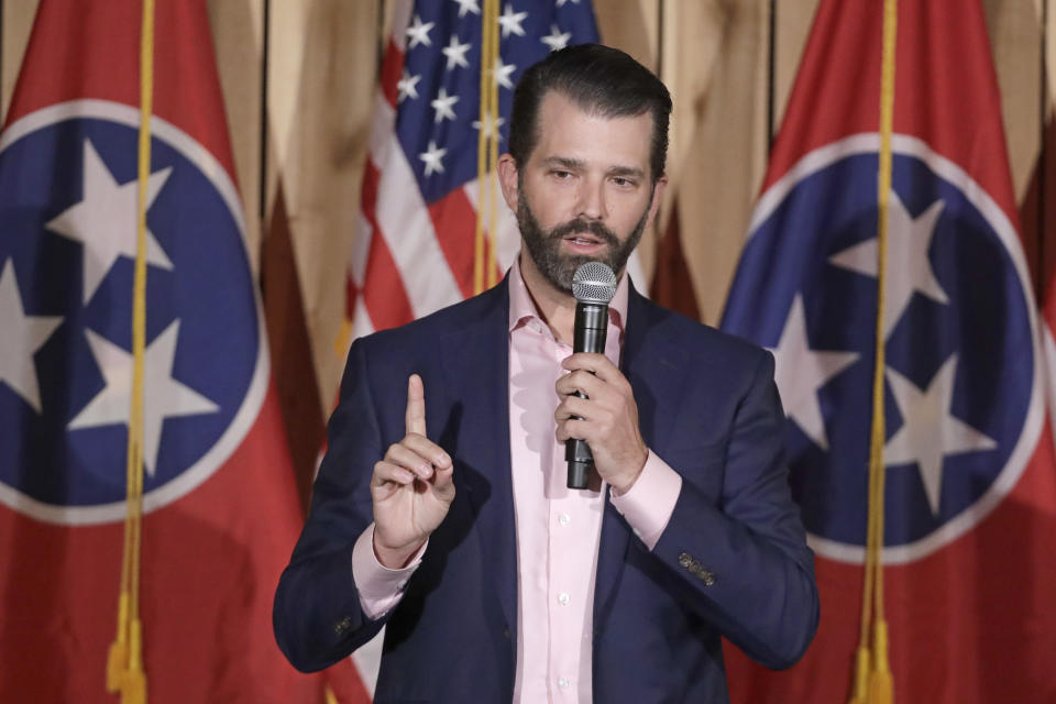 Donald Trump Jr. campaigns for former U.S. Ambassador to Japan Bill Hagerty Tuesday, Jan. 28, 2020, in Gallatin, Tenn. Hagerty is running for U.S. Senate. (AP Photo/Mark Humphrey)