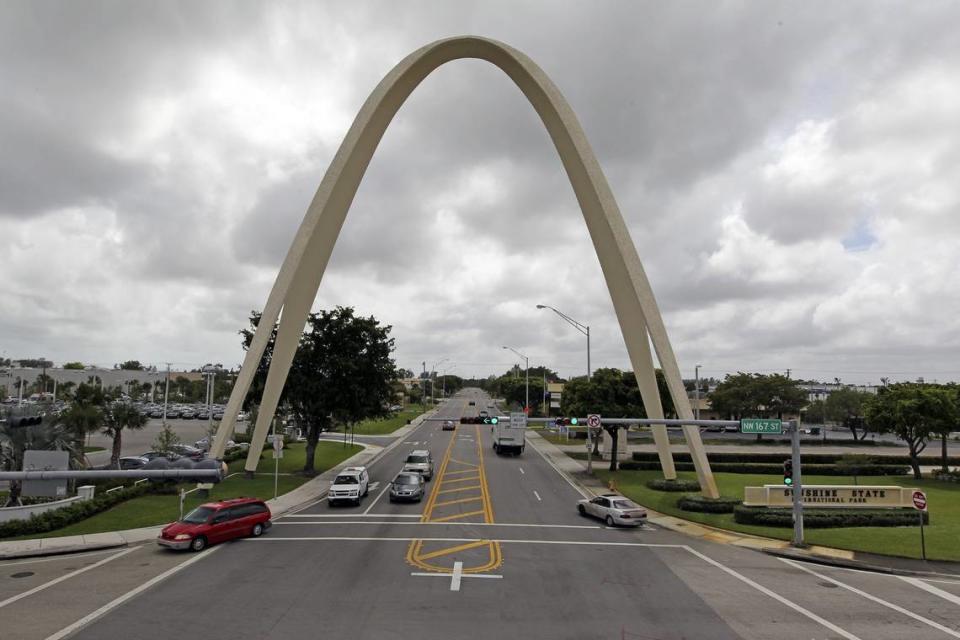 Cars travel under the arch in 2012.