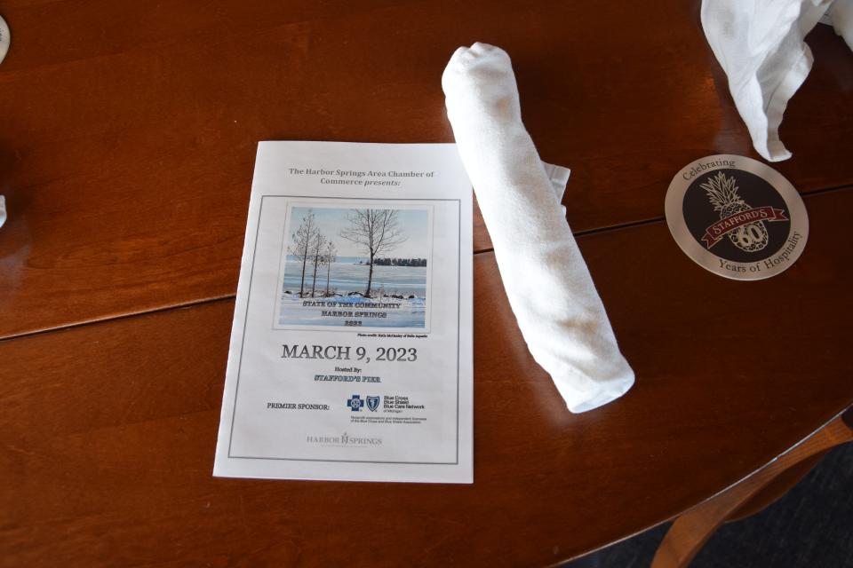 The program of the 2023 Harbor Springs State of the Community event was placed at every seat. The event was held on March 9, 2023 at Stafford's Pier Restaurant in Harbor Springs.