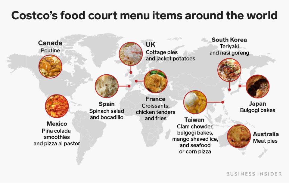 5 8 19 Costco's food court menu around the world map