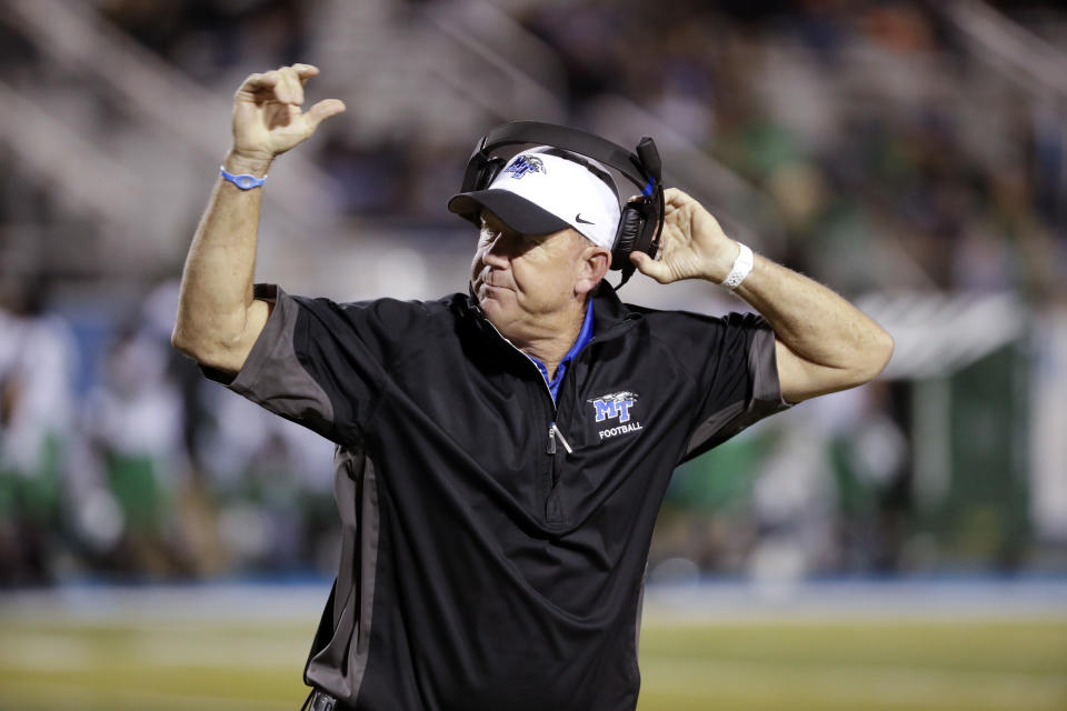 Middle Tennessee head coach Rick Stockstill watches from the sideline in a game against Marshall Friday, Oct. 20, 2017, in Murfreesboro, Tenn. (AP Photo/Mark Humphrey)