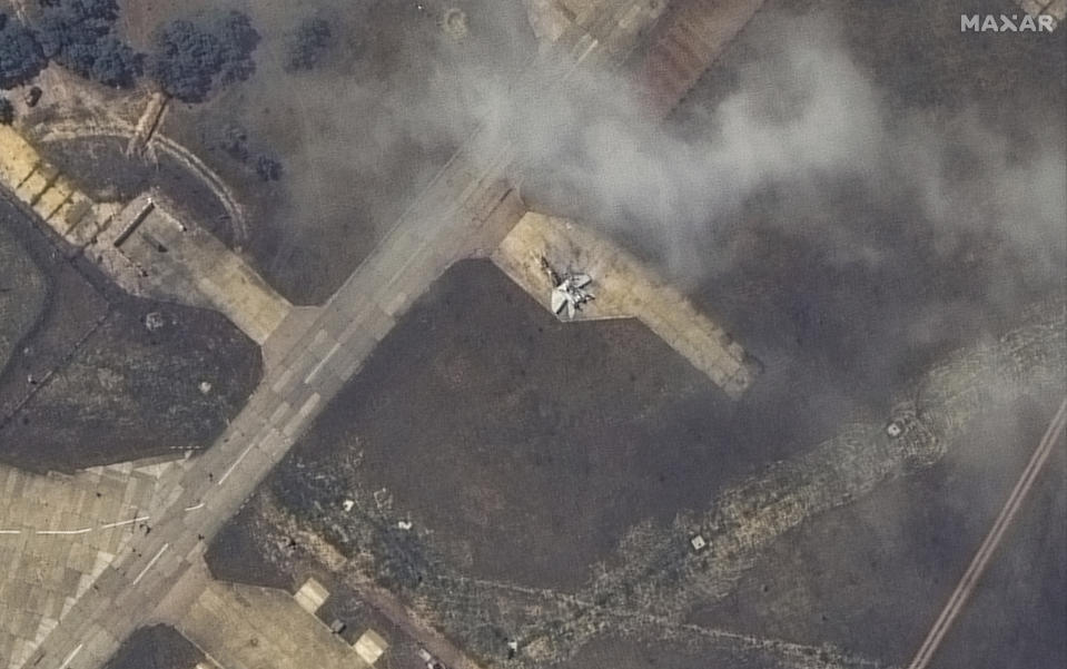 This image released by Maxar Technologies shows a damaged plane, likely a MiG 31 fighter aircraft, at Belbek air base, near Sevastopol, in Crimea, Thursday, May 16, 2024. (Satellite image ©2024 Maxar Technologies via AP)