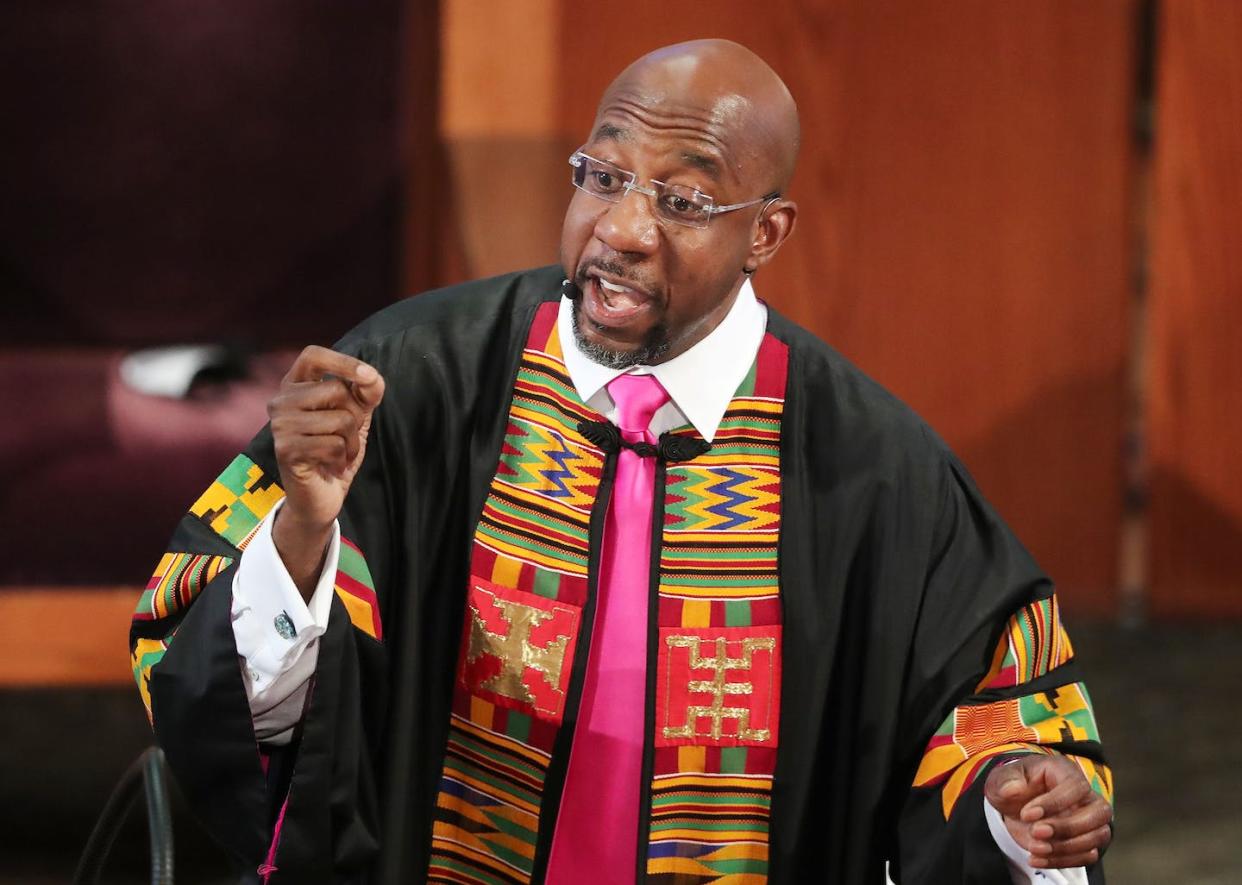 Rev. Raphael G. Warnock delivers a eulogy at Ebenezer Baptist Church. <a href="https://www.gettyimages.com/detail/news-photo/rev-raphael-g-warnock-delivers-the-eulogy-for-rayshard-news-photo/1222218477?adppopup=true" rel="nofollow noopener" target="_blank" data-ylk="slk:Curtis Compton/Pool/AFP via Getty Images;elm:context_link;itc:0;sec:content-canvas" class="link ">Curtis Compton/Pool/AFP via Getty Images</a>