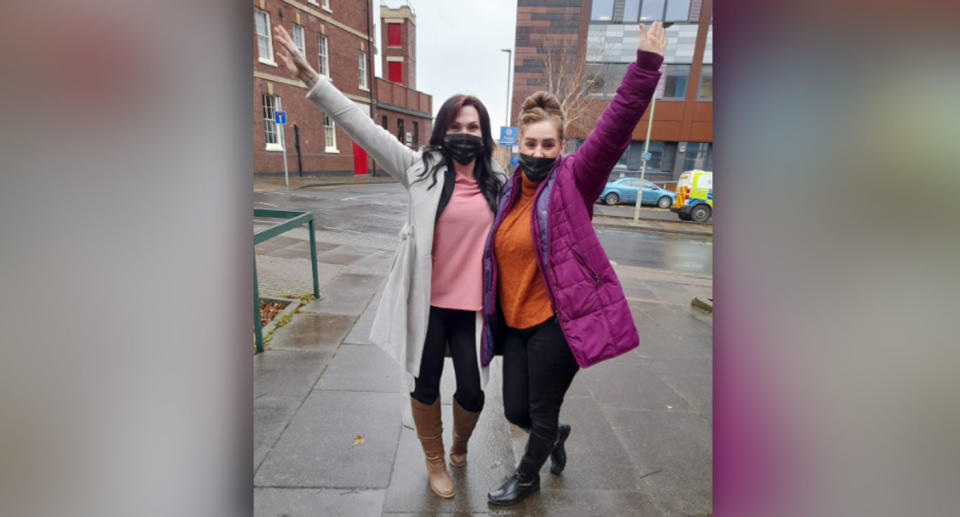 Teah Vincent, left, with a friend celebrating her not guilty verdict in a Facebook photo.