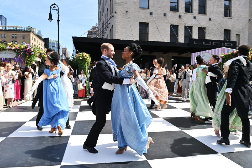 NEW YORK, NEW YORK - MAY 11: A view of dancing during the Bridgerton Promenade Season 3 event at Gansevoort Plaza on May 11, 2024 in New York City.  (Photo by Bryan Bedder/Getty Images for Netflix)
