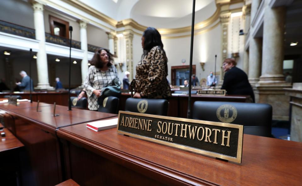 A nameplate for State Sen. Adrienne Southworth (R-Lawrenceburg) at her desk in the senate chamber inside the State Capitol in Frankfort, Ky. on Jan. 4, 2023.  Southworth's desk was reassigned to the far corner of the Democratic section of the chamber.