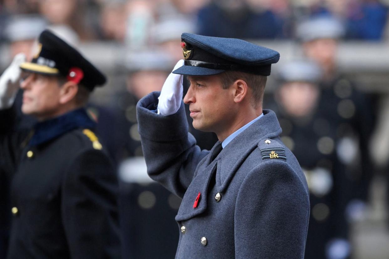 LONDON, ENGLAND - NOVEMBER 13: Prince William, Prince of Wales attends the Remembrance Sunday ceremony at the Cenotaph on Whitehall on November 13, 2022 in London, England. (Photo by Toby Melville - WPA Pool/Getty Images)