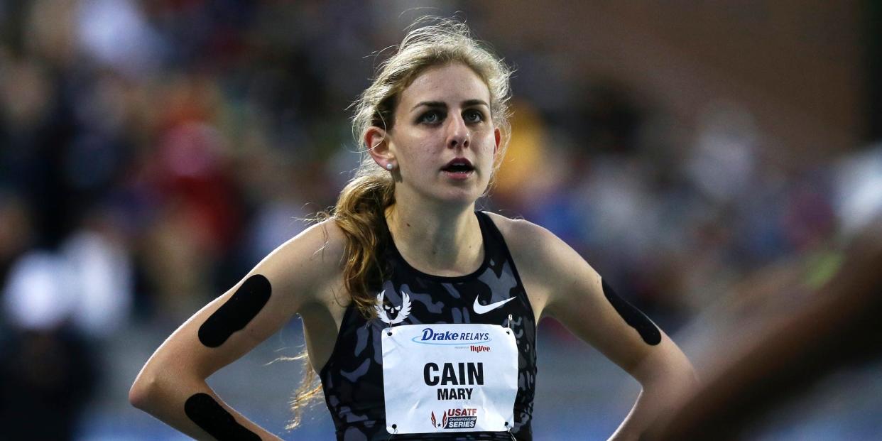 Mary Cain walks off the track after competing in the women's special 1500 meter run at the Drake Relays athletics meet, Friday, April 29, 2016, in Des Moines, Iowa.