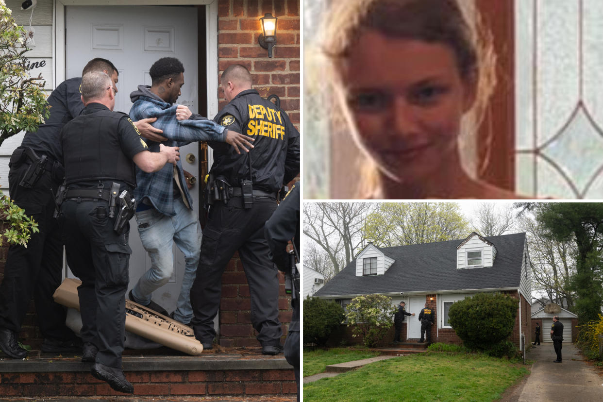 Composite image: left, deputies bringing gayle out of the home's front door; upper right, grover; lower right, 39 brussel drive