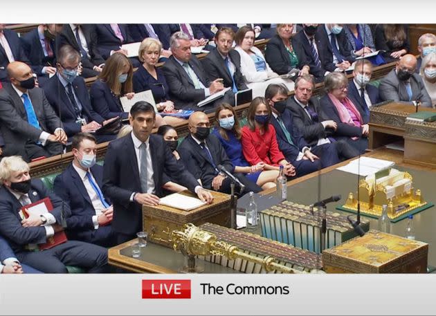 Most Tory MPs on the front bench at least wore a face mask (Photo: Sky News)