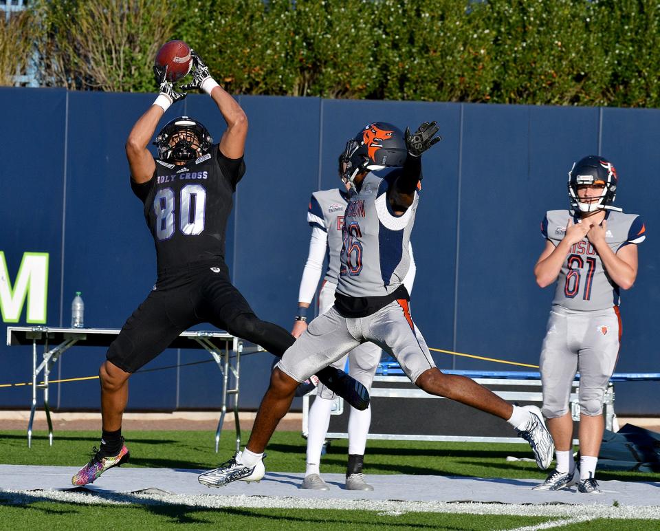 Holy Cross wide receiver Jalen Coker makes a scoring catch earlier this season against Bucknell at Polar Park.