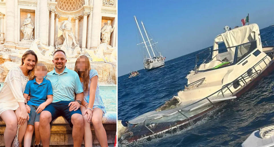 Left: Adrienne Vaughan smiles with her family in front of a fountain. RIGHT: The damage to the motorboat after the collision.