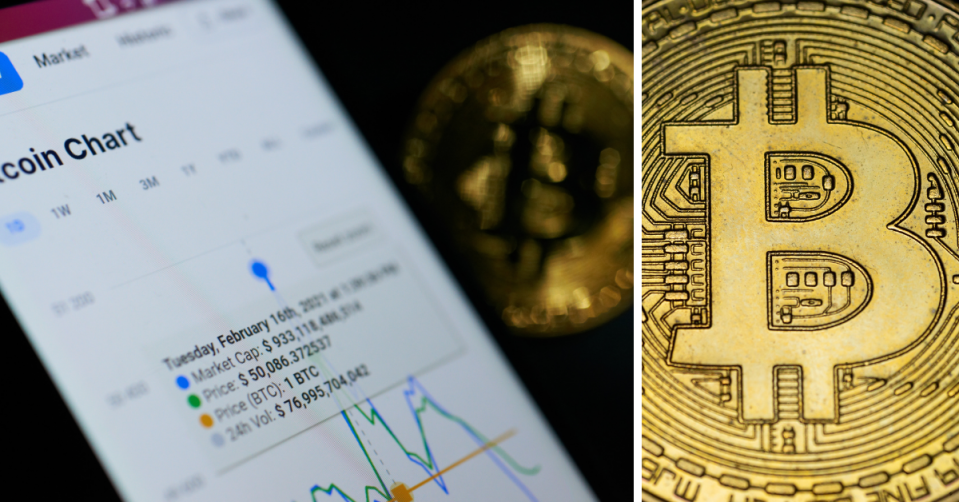 Phone with a Bitcoin chart showing price rises and an image of a bitcoin