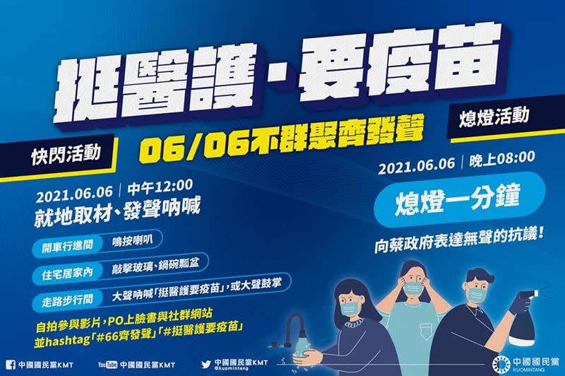 國民黨發起「挺醫護要疫苗」活動，要民眾就地取材聲援醫護。（圖／翻攝自江啟臣臉書）