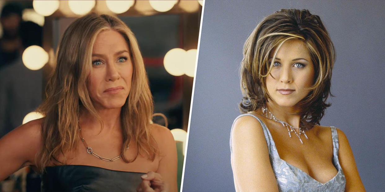 On the left, Jen Aniston in modern day with lightly touseled light brown locks. On the right, Anston in a jacquard print dress and her hair in the classic 