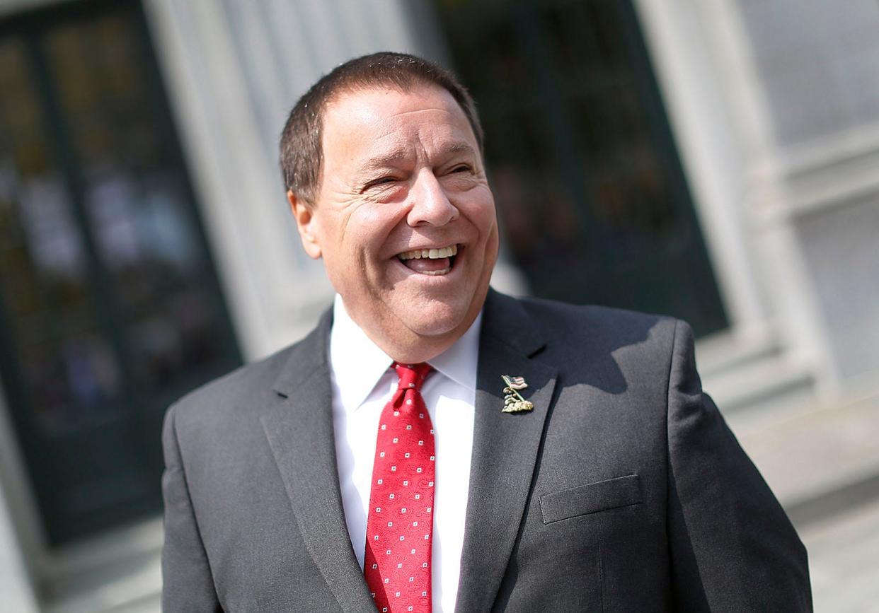 Quincy Mayor Thomas Koch who will seek another term at mayor, outside city hall on Tuesday May 9, 2023