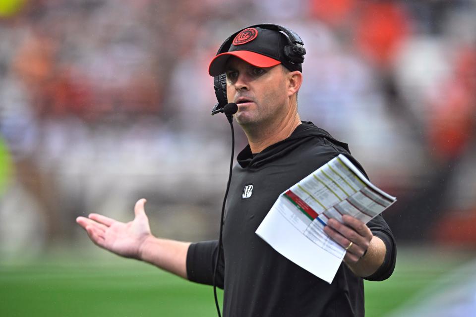 Cincinnati Bengals head coach Zac Taylor questions a call during the first half against the Cleveland Browns Sunday, Sept. 10, 2023, in Cleveland.