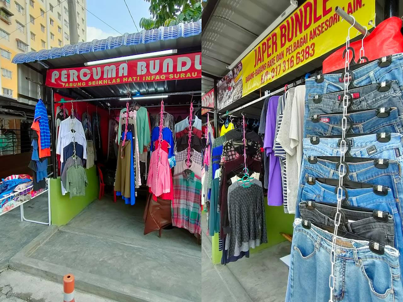 A team of volunteers from Taman Medan Cahaya spearheaded by RTM's cameraman, Japeridin Sampol, is giving away used clothes for free to those in need. — Picture courtesy of Facebook/Japer Japer