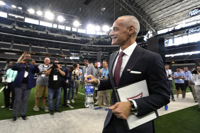 Big 12 Commissioner Brett Yormark says potential expansion was discussed this week at Big 12 media days in Arlington, Texas, Wednesday, July 13, 2022. (AP Photo/LM Otero)