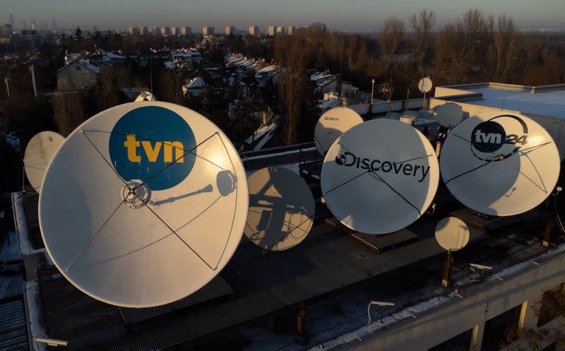 Aerial view of the logo of the private television TVN, owned by the U.S. media company Discovery Inc, seen on satellite antennas at their headquarters in Warsaw