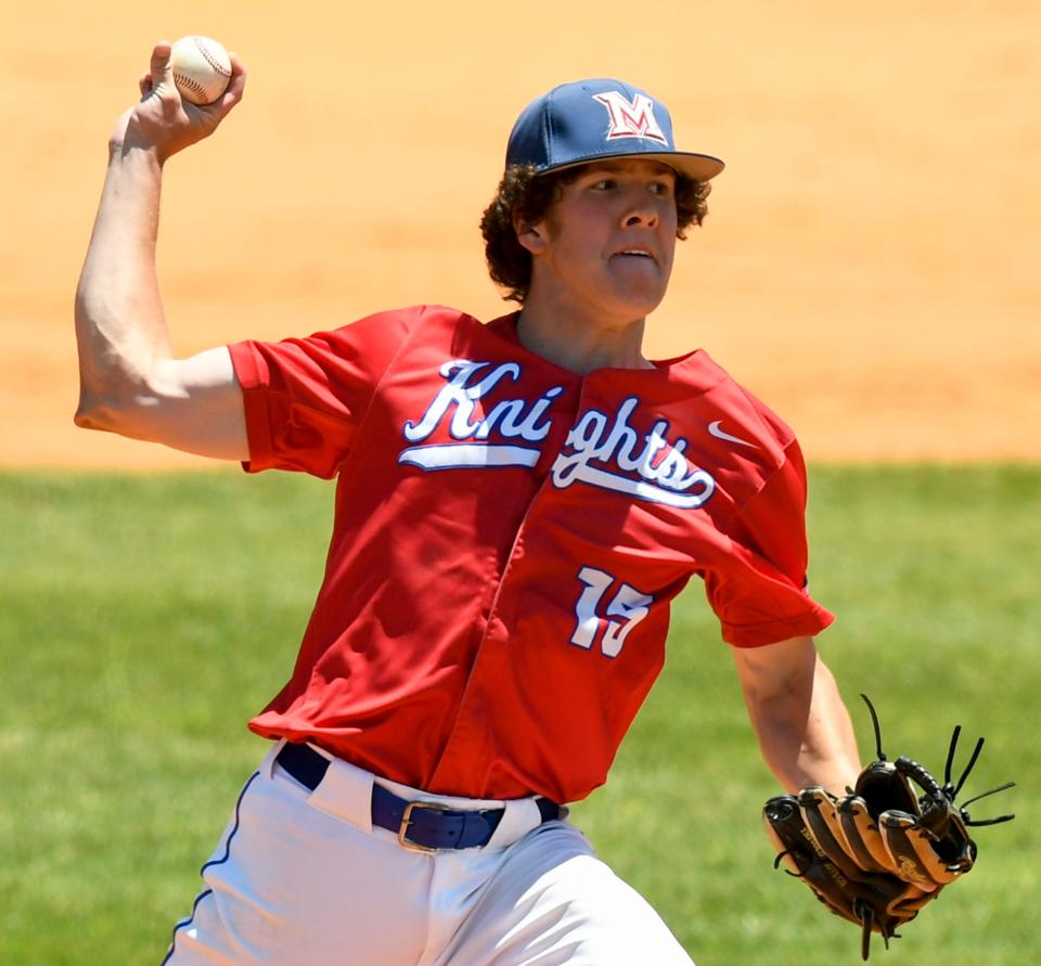 Macon East's Bryant Rascoll (15) pitches against Patrician in the AISA Class AA state championship series at Paterson Field in Montgomery, Ala., on Tuesday May 10, 2022. 